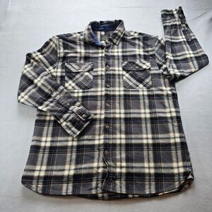 Jachs MFG Heritage Flannel Men Large Grey Tan Plaid Button Down Shirt 100 Cotton